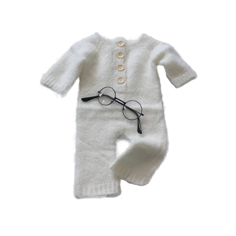 

2 Pcs Newborn Photography Props Knitting Outfit Baby Romper Glasses Set Infants Photo Shooting Bodysuit Jumpsuit