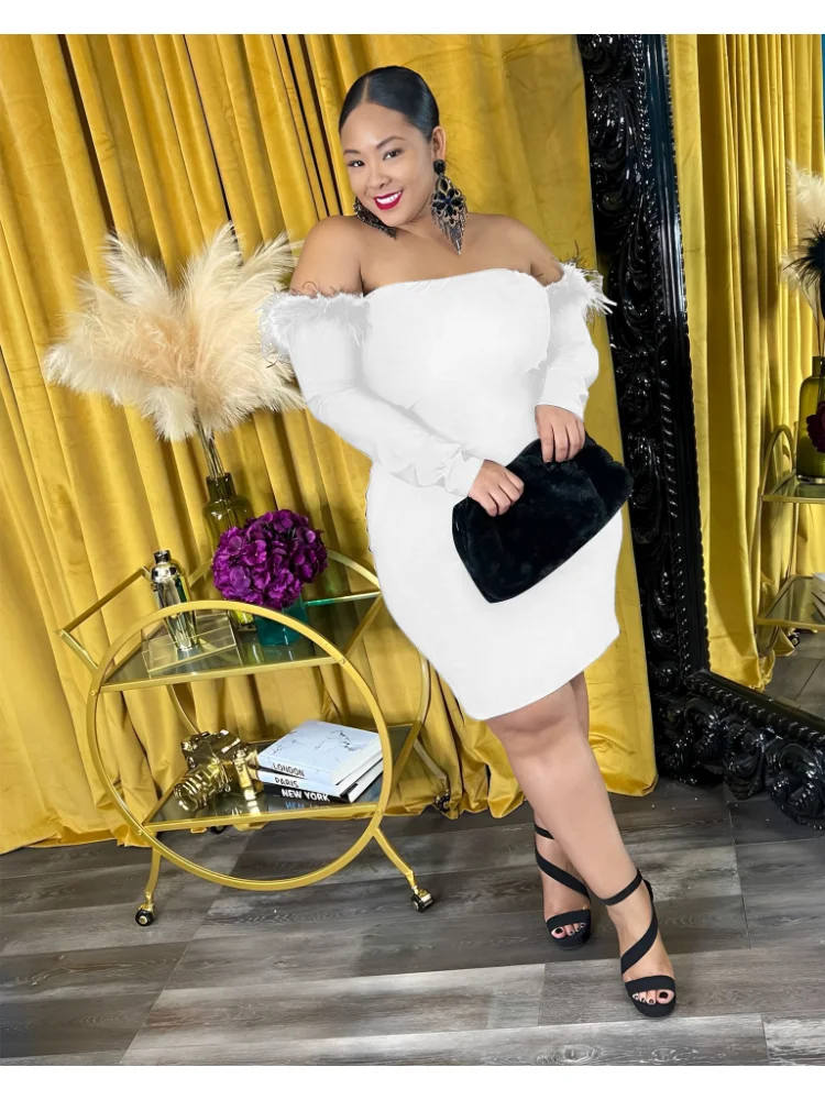 Plus Size Dress Elegant Women's Dresses for Party 2022 Solid  Above Knee Mini Long Sleeve Office Lady Slim Sheath Slash Neck