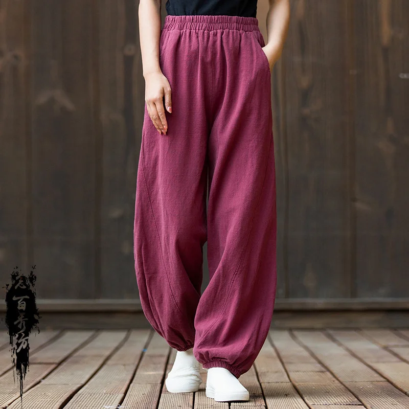 

2022 New Spring Summer Women's Cotton-Linen Bloomer Yoga Pants Vintage Sand Washed Ramie Slub Casual Trousers Lady Elastic Waist