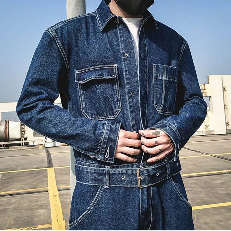 Vintage Jeans Loose Cargo Wide-leg Jeans Japan Korea Blue Denim Jumpsuit Pockets Belt High Street Overalls Trendy Wear