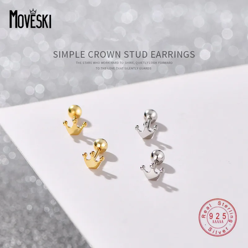 

MOVESKI 925 Sterling Silver Fashion Simple Crown Stud Earrings Women Glossy Cute Student Wear Jewelry Accessories
