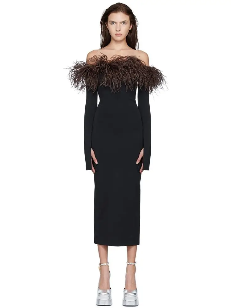 

Женское платье Ailigou с открытыми плечами и длинным рукавом, элегантное официальное платье, сексуальное облегающее платье средней длины, Бандажное платье