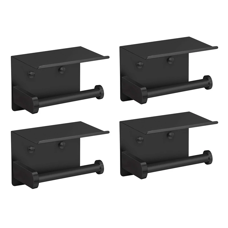 

4X Toilet Paper Holder With Phone Shelf SUS 304 Stainless Steel Wall Mounted Toilet Paper Roll Holder - Black