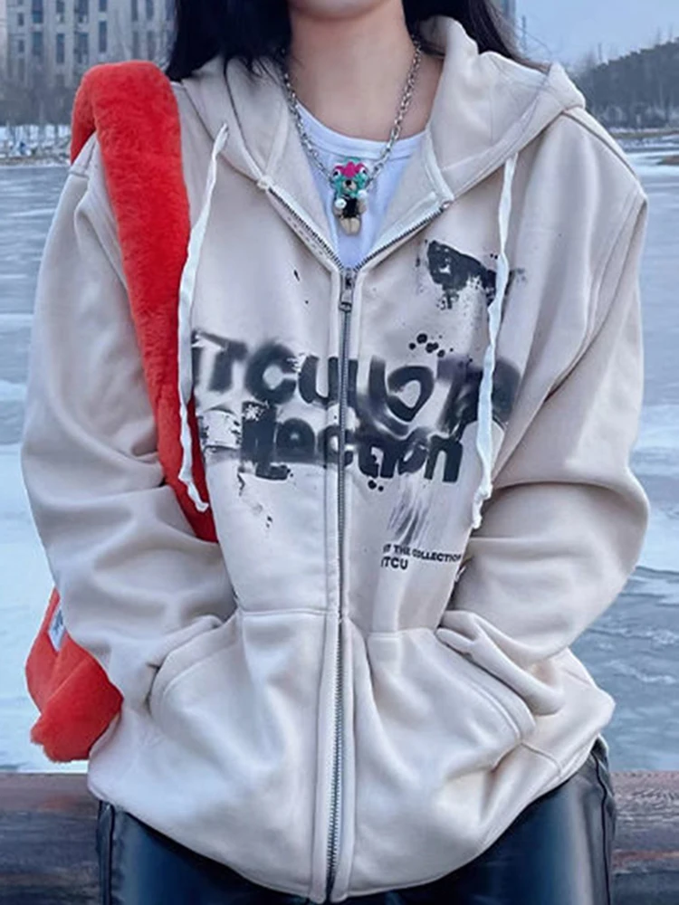 

Graffiti Print Hoodie Women 2022 Spring Autumn Streetwear Hip Hop Sweatshirt Gothic Long Sleeve Loose Zip Hoodie Ladies Clothes
