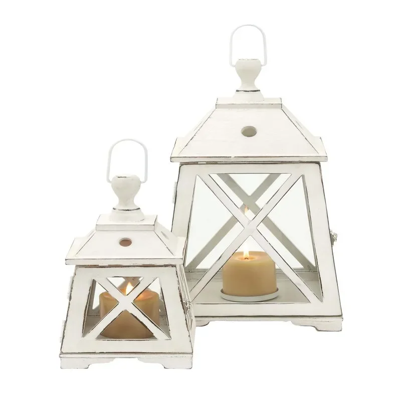 

2 Holder White Metal Lighthouse Style Decorative Candle Lantern, Set of 2