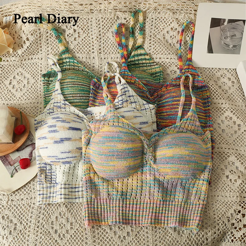 

Pearl Diary Women Summer Colour Striped Knitting Tops Fashion With Chest Pad Crop Top Slim Thin V-Neck Sleeveless Top Women's