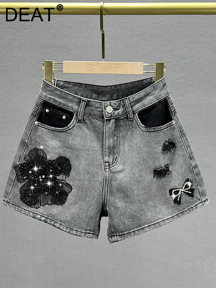 

DEAT Women's Denim Shorts High Waist Distressed Dark Grey Patchwork Flower Diamond Short Pants 2023 Autumn New Fashion 29L3059