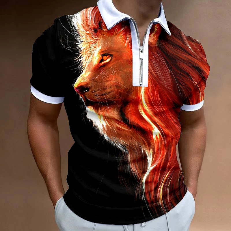 

Men's Zipper Shirt Summer New Men's Lion Zipper Shirt Casual T-shirt Men's Fashion Short Sleeve Men's T-shirt Sportswear