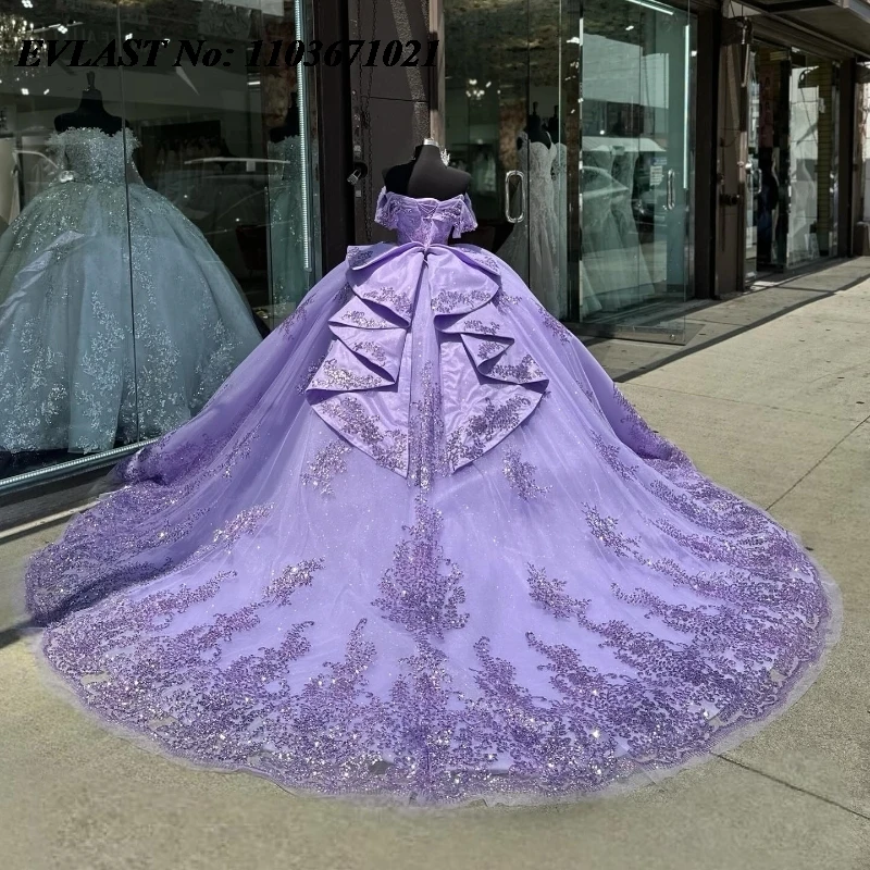 EVLAST Лавандовое платье для Quinnceanera бальное блестящее кружевное аппликация бисером