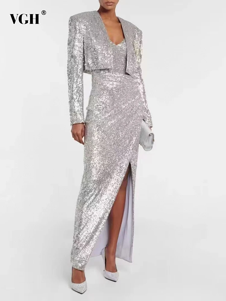 

Женский комплект из двух предметов с блестками VGH, официальный комплект из короткого пальто с длинным рукавом и воротника без рукавов, плать...