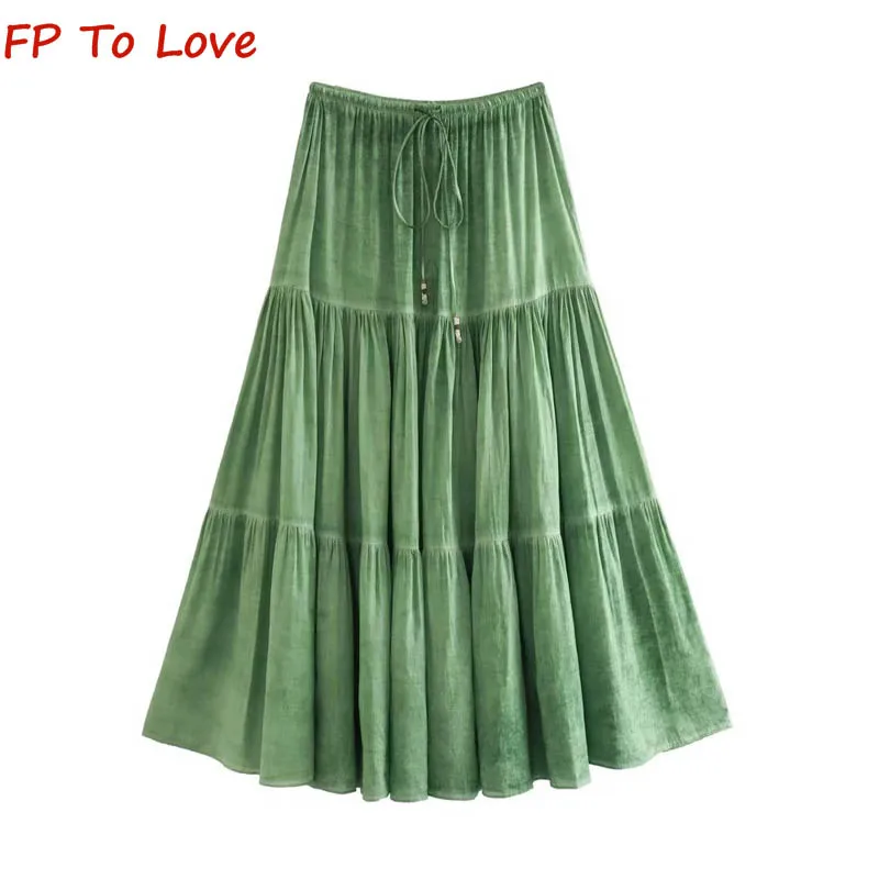 

Summer Women's Tie-dye Cotton Midi Miniskirt Female Green Elasticated Waist Tie Fashion A-line Long Skirt 4088240 500