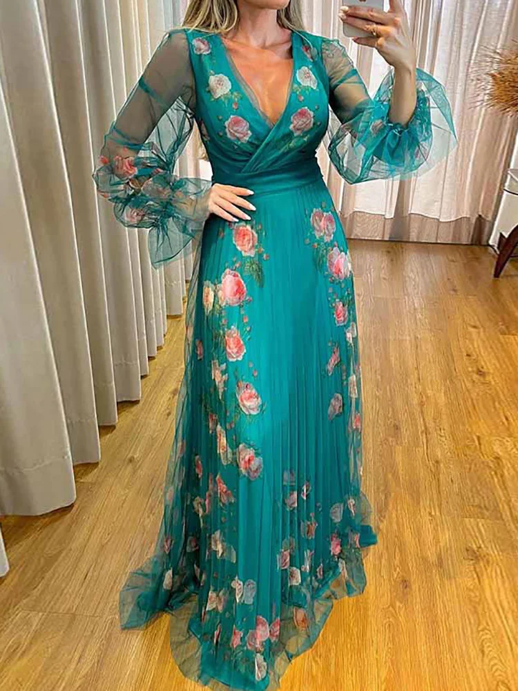 

Женское платье макси с высокой талией, V-образным вырезом и рукавом-лепестком