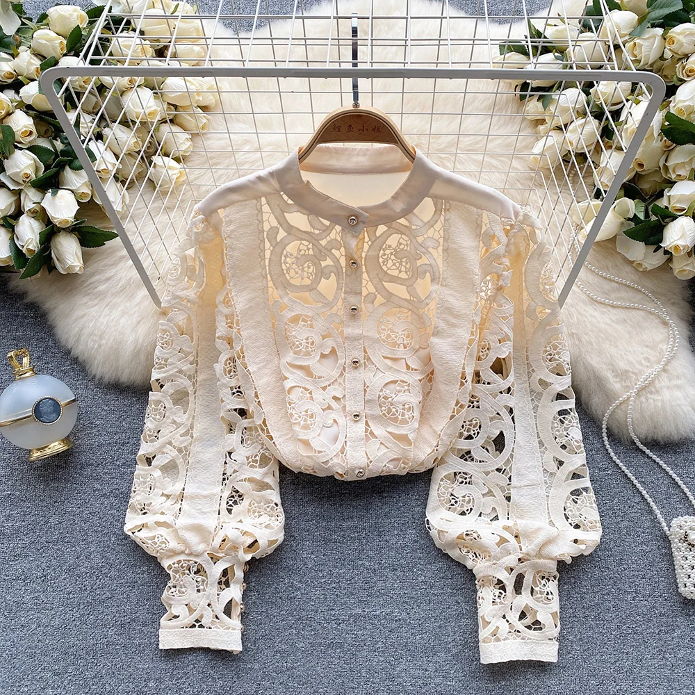 

Croysier Ladies Shirts 2023 Fashion Women Elegant Lace Openwork Crochet Shirt High Street Button Up Round Neck Long Sleeve Top