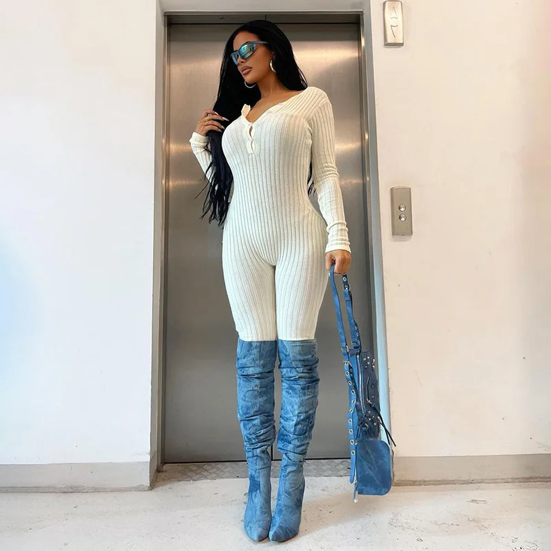 

Rib Knitted Jumpsuit Highly Stretchy Women Buttons V Neck Long Sleeve Skinny Overalls Fashion Casual Solid One Piece Romper