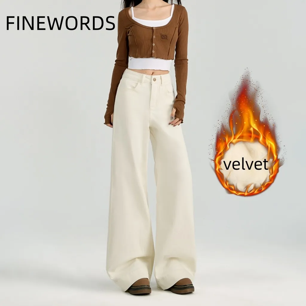 FINEWORDS зимние кашемировые джинсы в стиле ретро женские теплые бархатные