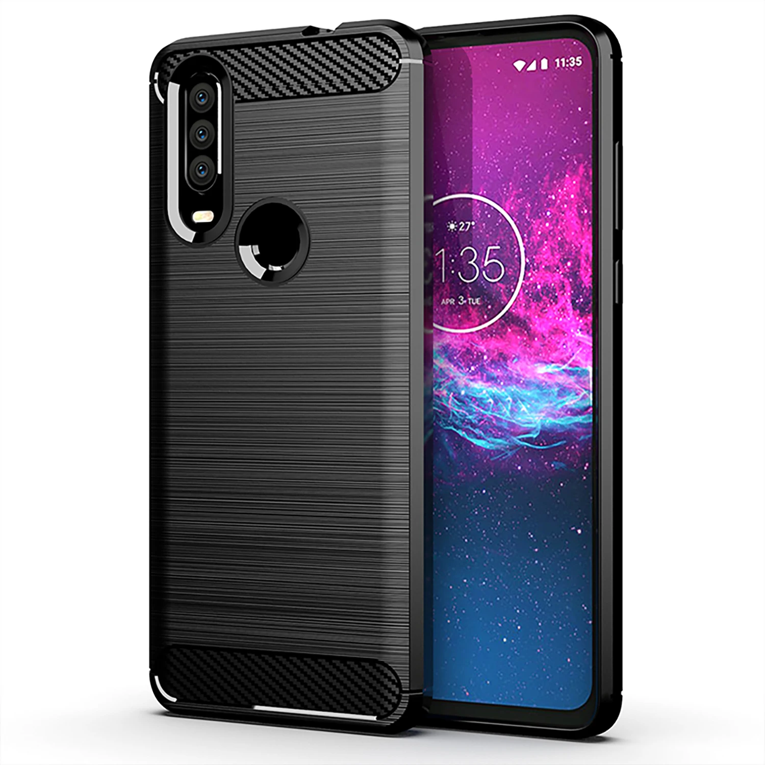 

for Motorola One Action Case Shockproof Brushed Carbon Fiber Soft Bumper Case Cover for Moto One / One Vision / One Power Shell