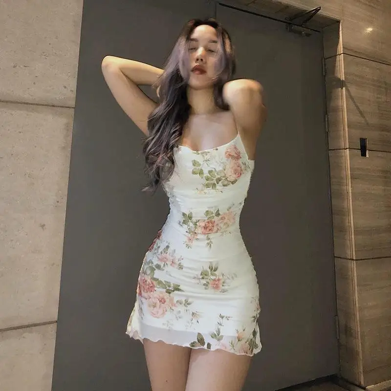 

New Strap Mini Dress Summer Clothes Floral Print Women Mesh Ruched Bodycon Sexy Streetwear Party Club Elegant Vintage Vestido