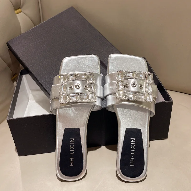 2023 Denim Rhinestone Square Toe Flat Slippers Open Toe Plus Size Handmade Women's Shoes