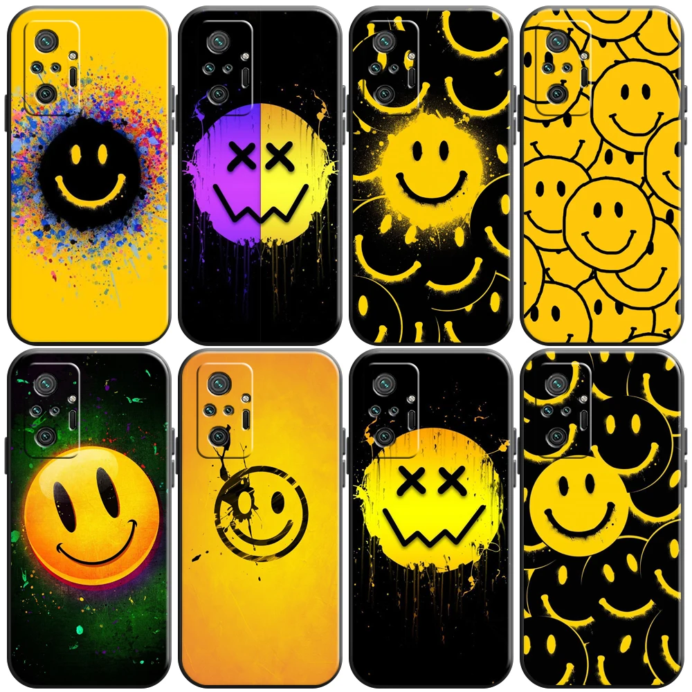 

Lovely Sunshine Smiling Face Phone Case For Xiaomi Redmi Note 9 9i 9AT 9T 9A 9C 9S 9T 10 10S Pro 5G Black Liquid Silicon