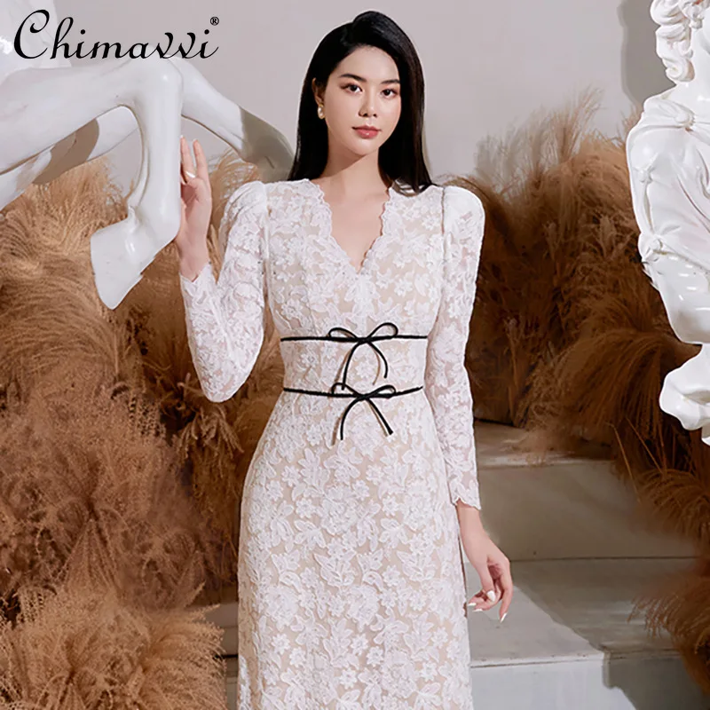 

2022 Spring New V-neck Sexy Hollow out Long-Sleeved Dress Female Fashion White Bow Lace Slim-fitting Dress for Ladies