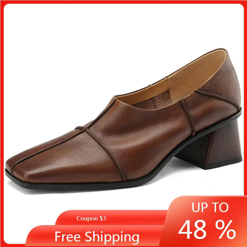 

ENMAYER Retro 2023 New Top Quality Ladies Spring Dress Pumps Square Toe Kid Suede Shoes Woman Slip on Thick Med Heels Shoes