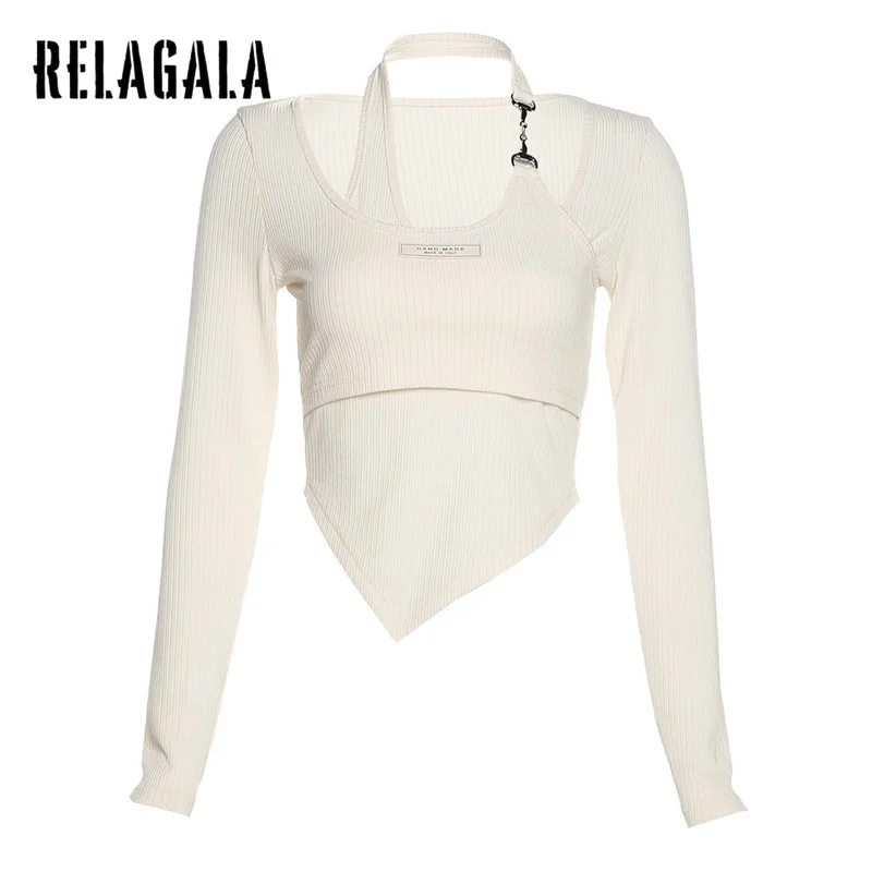 

RelaGala Women Sexy Slim Navel Fashion Stitching Long Sleeve T-Shirt