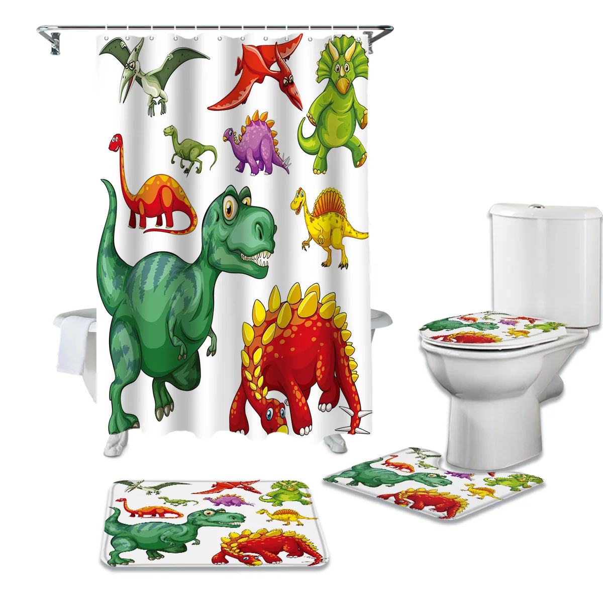 

Набор занавесок для душа с мультяшным животным динозавром, крышка для унитаза, коврик для ванной, домашний