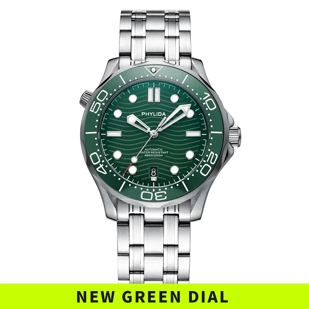 

PHYLIDA New Fashion style Greed Dial PT5000 MIYOTA Automatic Watch DIVER 200M Sapphire Crystal Solid Bracelet WR 20Bar