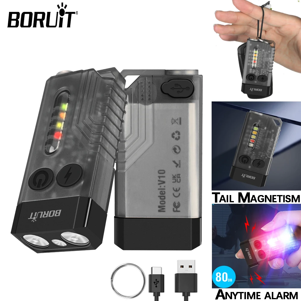 BORUiT V10 Mini EDC Keychain Flashlight Portable Buzzer Torch 365nm UV Flashlight With Magnet Type-C Rechargeable Camping Light