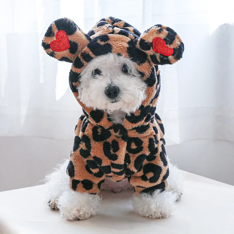 Dogs Fleece Coat Leopard Pattern Hooded Har with Ear Warm Pet Costumes Autumn Winter Puppy Cats Outfits