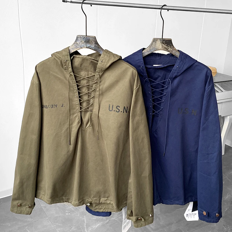 

Outdoor Retro Style Spring and Autumn Men's 100% Pure Cotton Hooded Jacket Coat Bandage Deck Jacket Wet Weather Parka