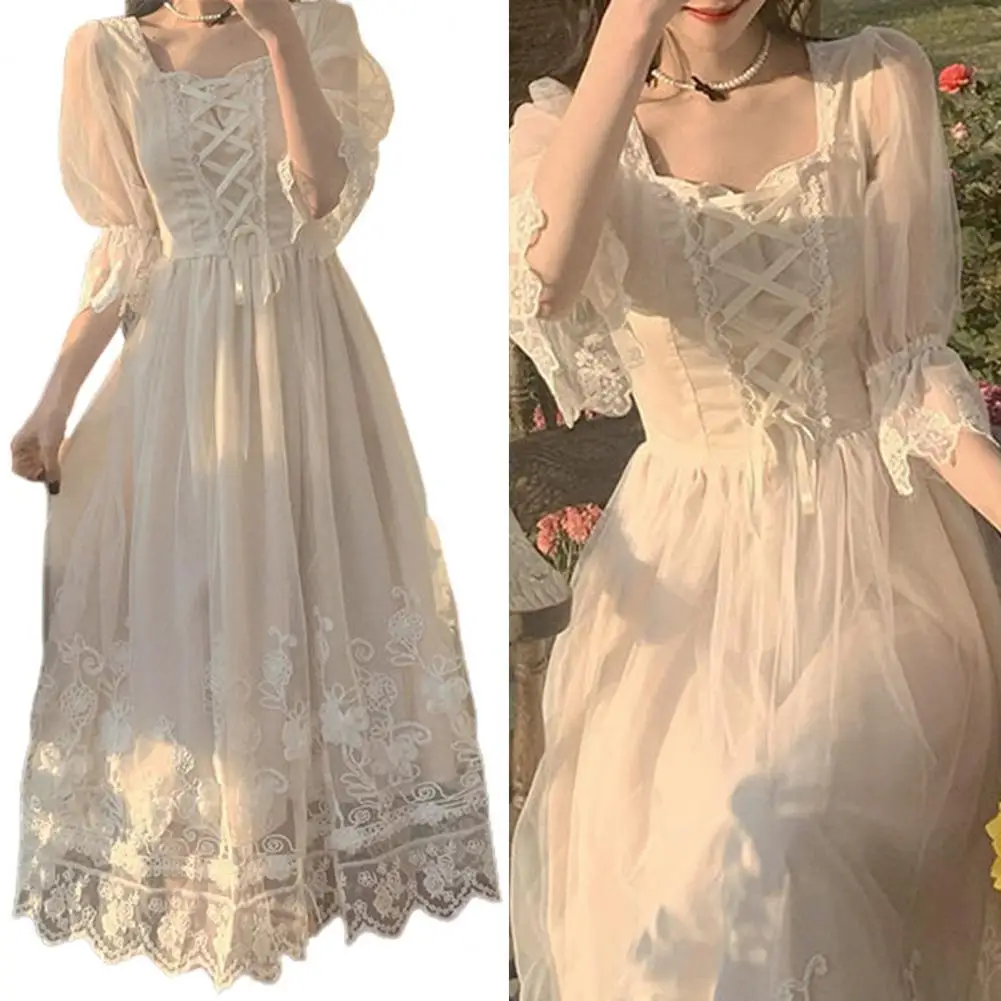 

Flowy Hem Beautiful Lace Stitch Sleeve Sweet Dress Comfy Party Dress High Rise for Daily Wear