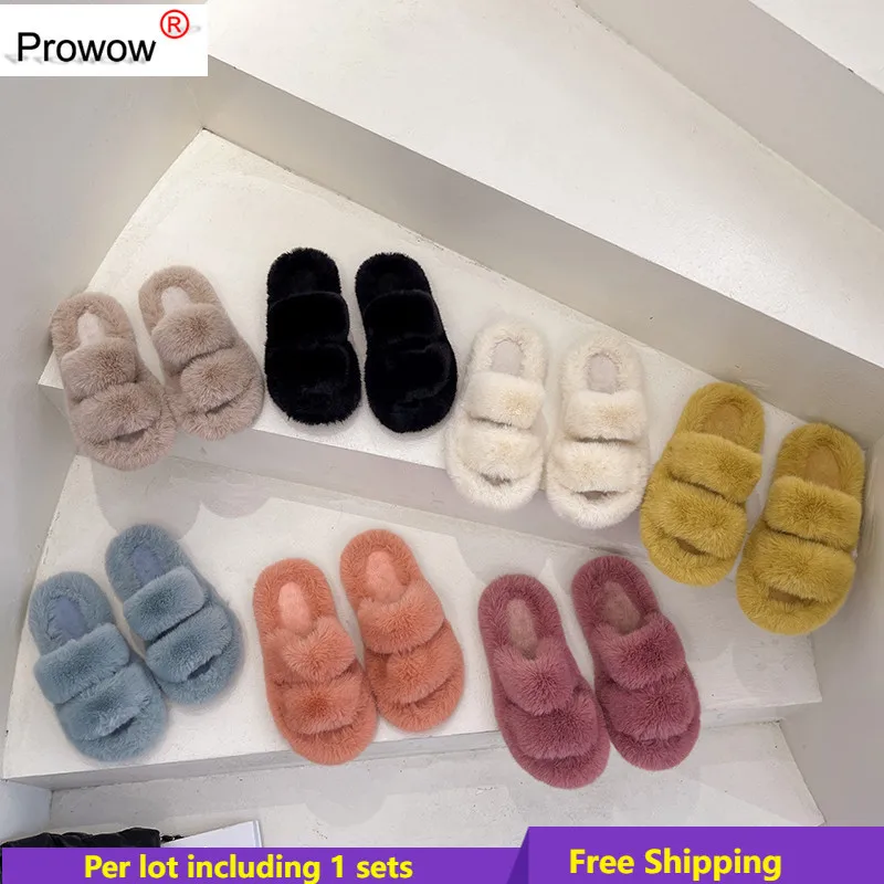 

PROWOW Women Fur Furry Slippers Home Keep Warm Soft Indoor Slides Thick Flats Heel Indoor Floor Shoes Home Footwear B1