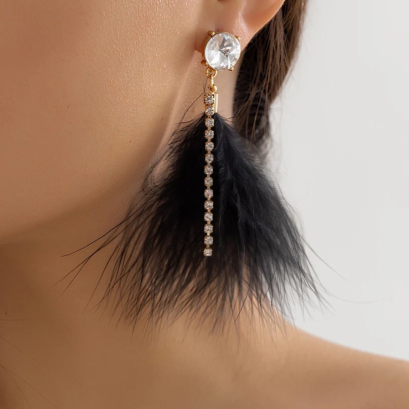 

Ingemark Boho White Black Genuine Feather Drop Earrings for Women Creative Long Tassel Rhinestone Earrings Wed Party Jewelry New