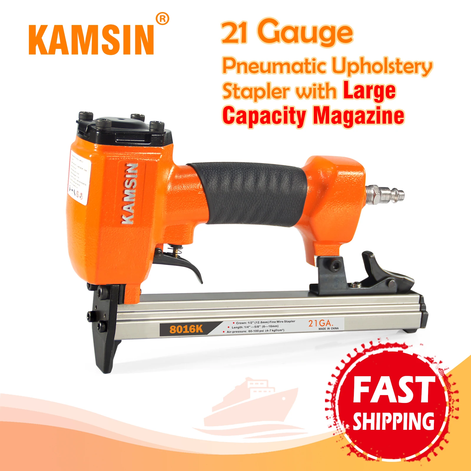 

KAMSIN 8016K 21 Gauge Pneumatic Fine Wire Upholstery Stapler for 12.8mm Crown and 6-16mm Length Staples, for Furniture, DIY