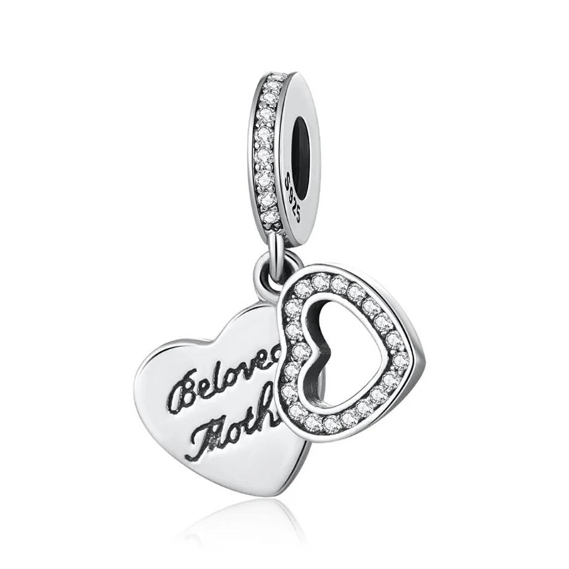 

S925 Стерлинговое Серебро Бусина паве Двойное сердце Любимая мама паве Кристалл Подвеска подходят для женщин браслет DIY Ювелирные изделия прозрачный CZ