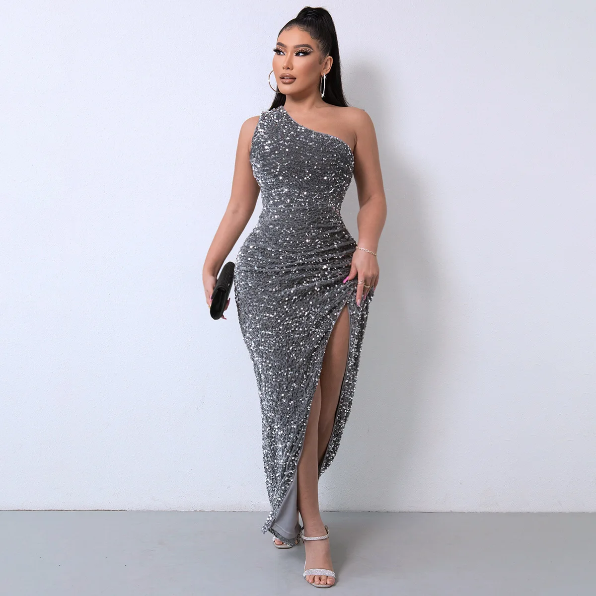 Retro Party Dresses for Women Fashion V-neck One-shoulder Long Skirt Sequin Solid Elegant Ladies Gown Clothing Prom Woman Dress