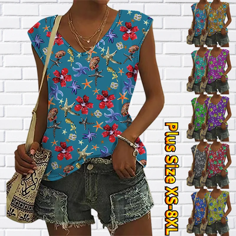 

Women's V-neck Sleeveless Vest Summer Vintage T-shirt New Design Printed Clothes Elegant Pullover Fashion Top Sexy Tee Shirt