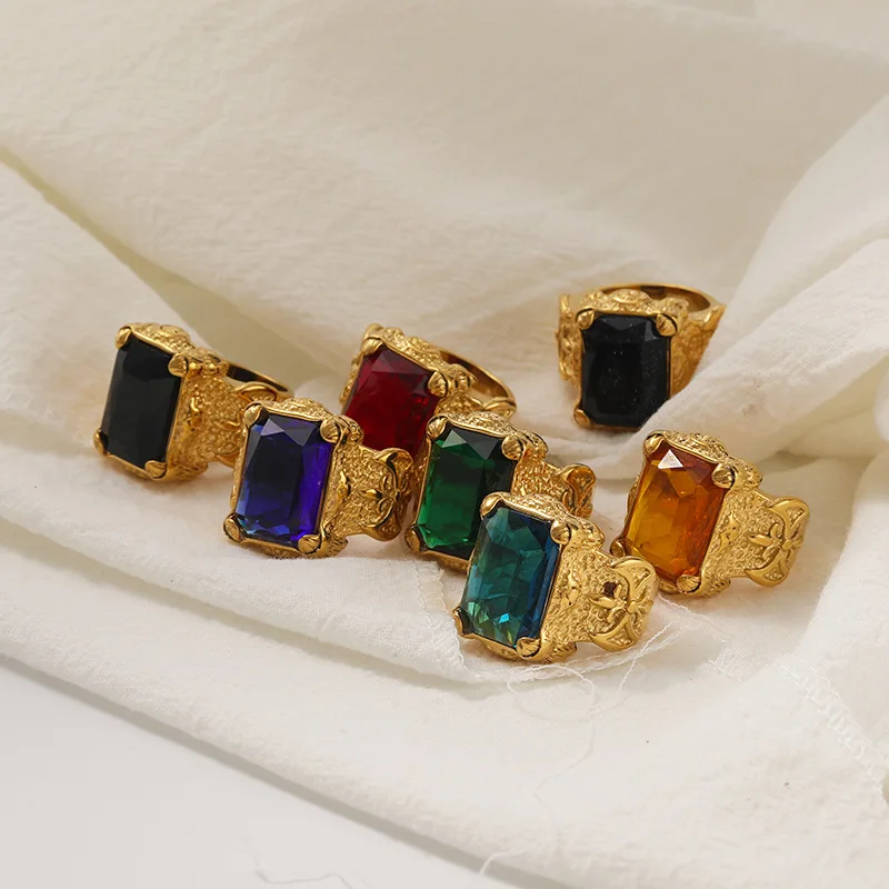

Fashion Punk Beautifully Carved Multi-Color Large Gem Women's Ring Titanium Steel 18k Gold Jewelry Wholesale