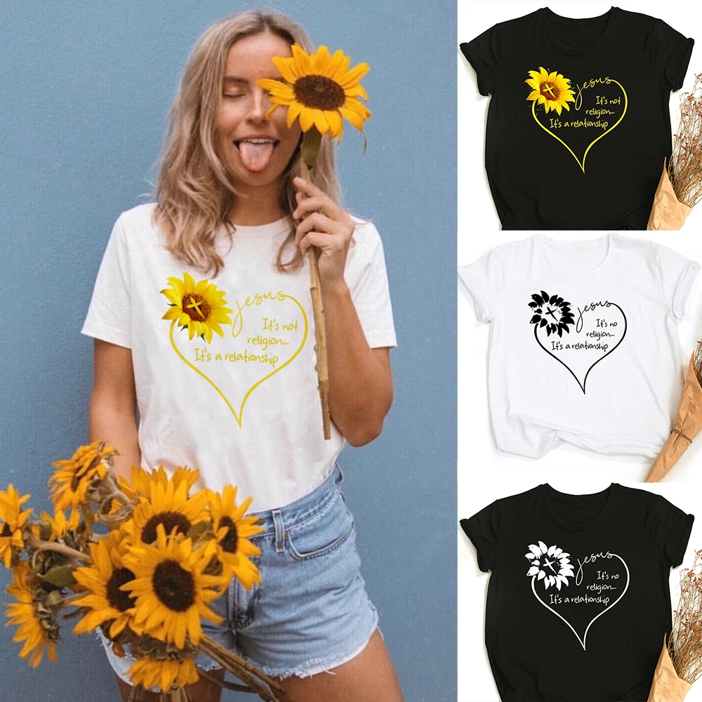 

Jesus No Religion It's A Relationship Christians Sunflower Women Graphic T Shirts Faith Streetwear Harajuku T-shirt Camisetas