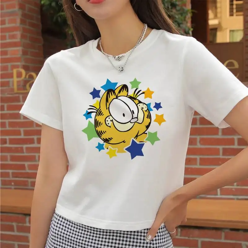Bandai Garfield Cat Popolar 2022 футболка Летняя одежда Повседневная Женская хип-хоп с круглым