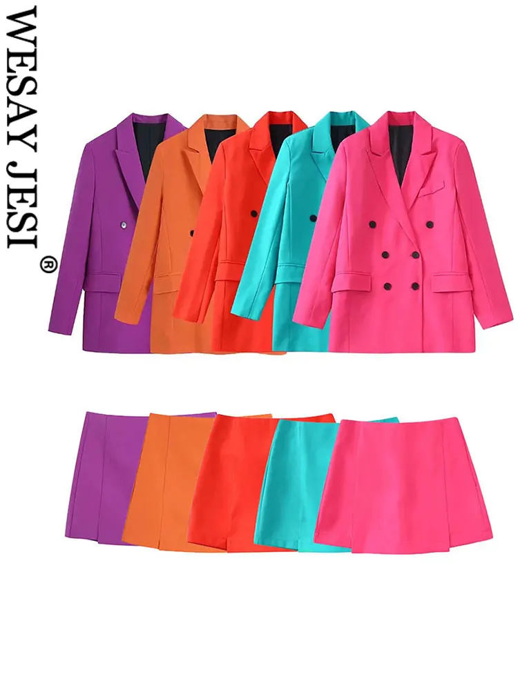 

WESAY JESI Multicolor Commuter Women's Double Breasted Solid Color Blazer Slim Short Skirt Two Piece Lady Streetwear Outfit New