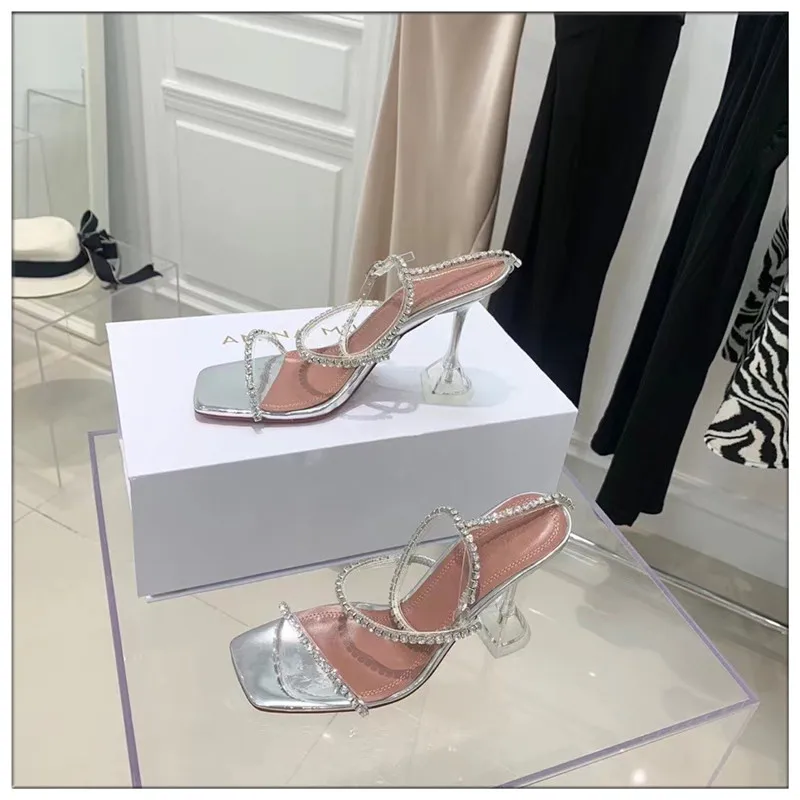 

crystal-embellished PVC straps ankle strap leather AMINA MUADDI Gilda Glass sandals martini heels square-toed leather design