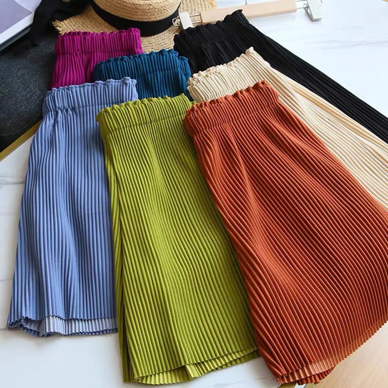 Women's Pleated Shorts Summer Casual High Waist Five-point Pants Ladies Ice Silk Wide-leg Pants Loose Thin Girls Tide Skirt