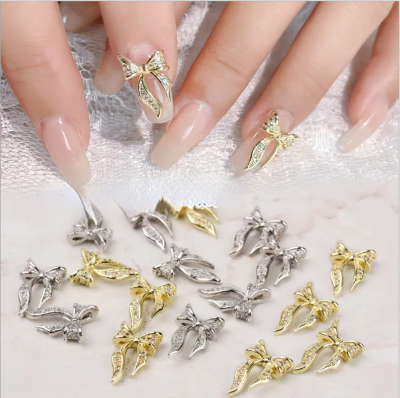 

Новинка 10 шт. украшения Стразы с цирконом для ногтей золотые серебряные ювелирные изделия с бантом 3D супер блестящие алмазные украшения для...