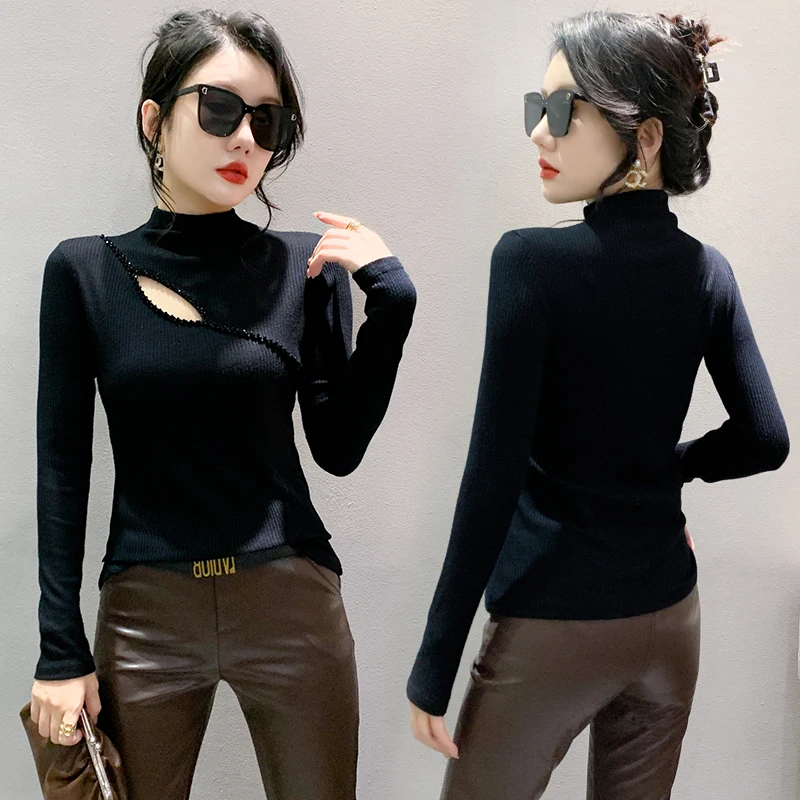 M-3XL Черная водолазка с длинными рукавами женская футболка элегантная тонкая