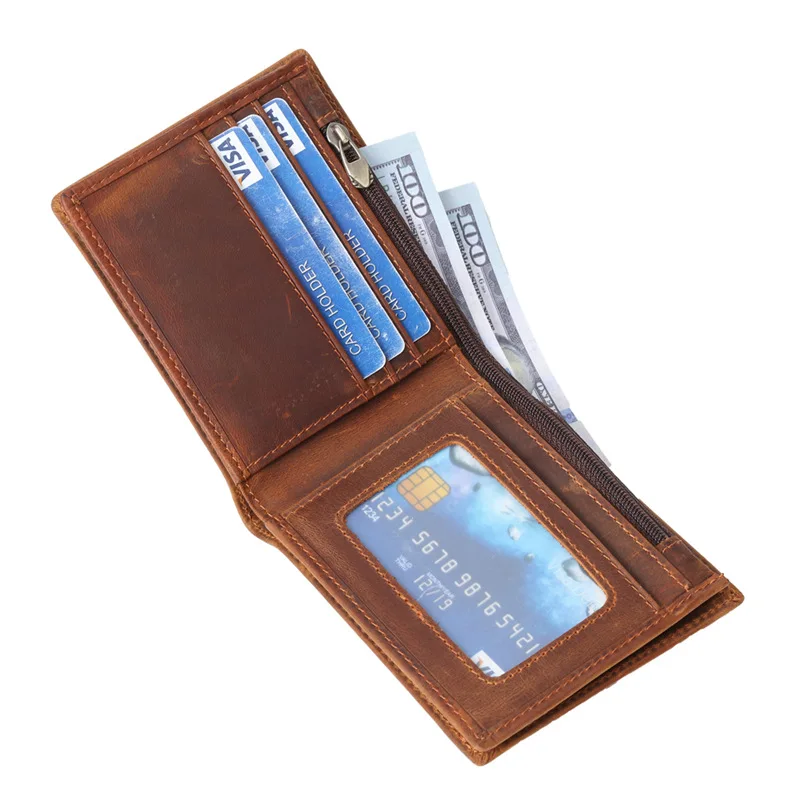 

Men's Retro Genuine Leather Wallet Crazy Horse Pickup Bag ID Card Holder Zipper Dollar Bill Bag Large Capacity Wallet Men