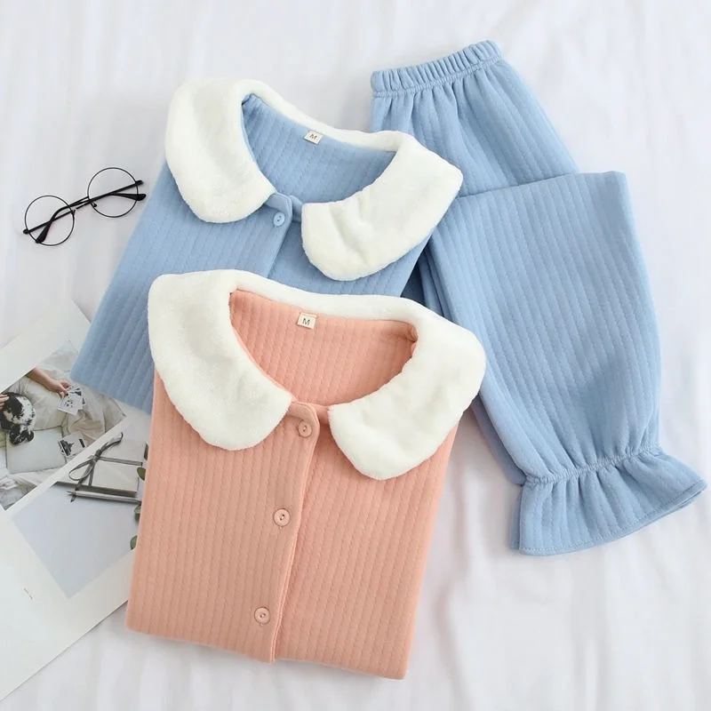 QWEEK Cotton Pajamas Women Doll Collar Flared Sleeves Pijamas Ruffled Pocket Embroidery Pyjamas Autumn Winter Sleepwear Homewear
