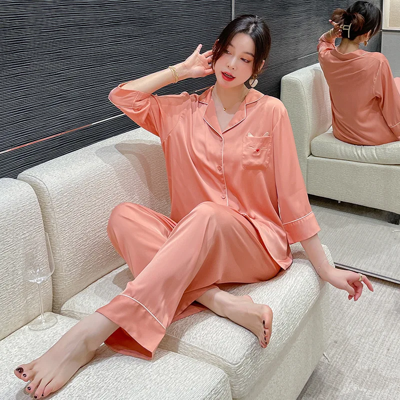 Pajamas women's new imitation silk short-sleeved trousers cat embroidery suit pajama set women