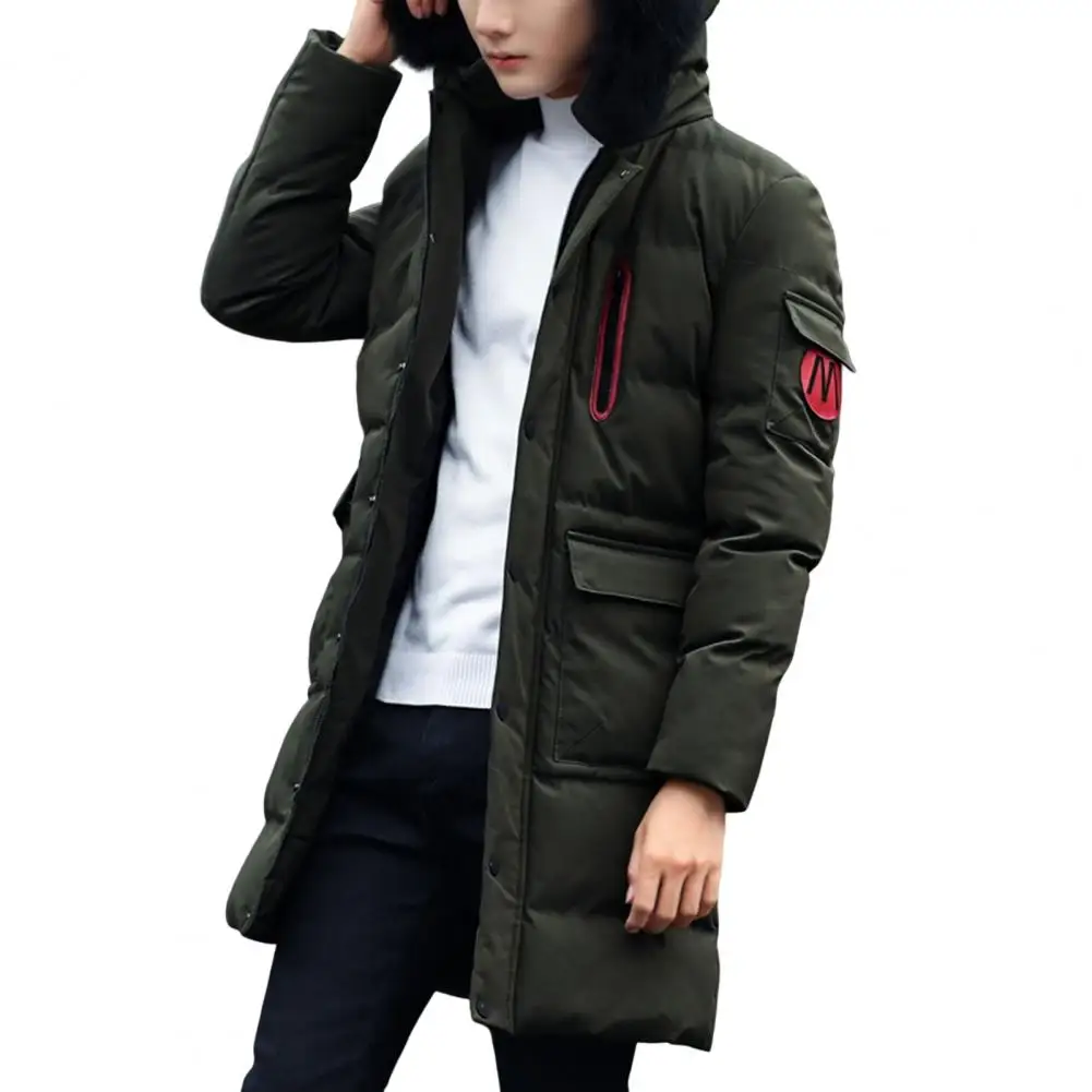 Men Hooded Jacket Cotton Padded Solid Color Long Sleeve Removable Faux Fur Collar Overcoat Winter Fluffy Filling Windbreaker Str